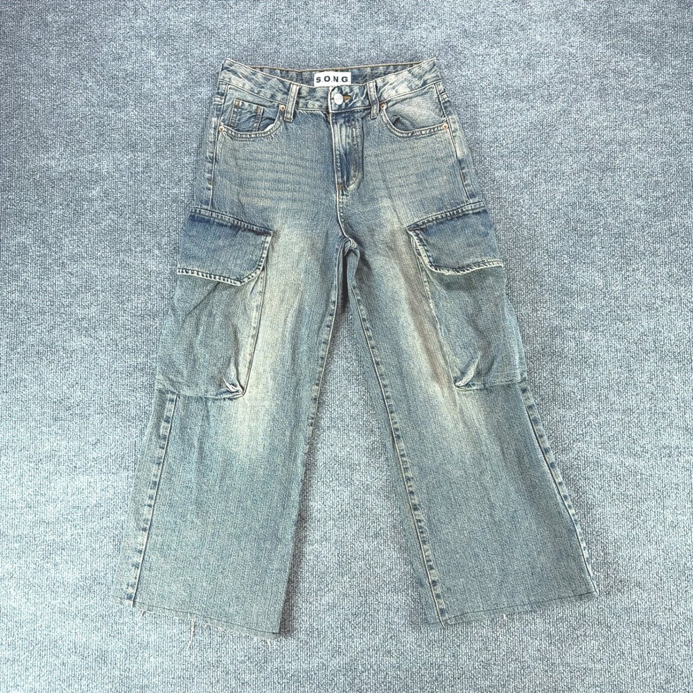 SONG Womens Wide Leg Cargo Jeans Medium Wash High Rise Raw Hem Size 1/25 Denim